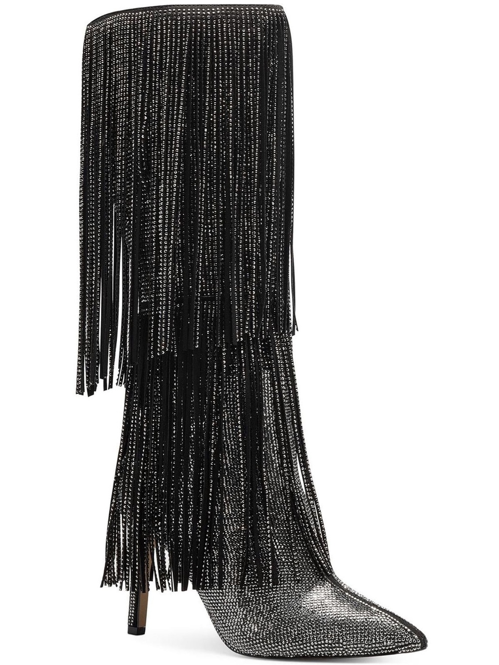 INC International Concepts Black Rhinestone Fringe Knee-High Stiletto Booties
